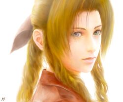  aerith_gainsborough blue_eyes braid brown_hair commentary_request female final_fantasy final_fantasy_vii final_fantasy_vii_advent_children fm77_(artist) long_hair realistic ribbon solo 