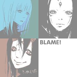  3girls blame! blue_theme character_name cibo closed_mouth commentary_request copyright_name english_text expressionless hair_between_eyes looking_at_viewer maeve_(blame!) monochrome multiple_girls nogoodlife pcell silicon_creature_(blame!) smile upper_body 