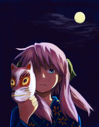  blue_eyes commentary_request female fox_mask frown hair_ribbon hiiragi_kagami japanese_clothes kimono kusaka_yoru long_hair lucky_star mask moon photoshop_(medium) purple_hair ribbon sky solo tsurime twintails wind 