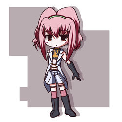  anya_alstreim black_gloves blush chibi code_geass commentary_request elbow_gloves expressionless female fictional_sister full_body gloves jitome knights_of_the_round_uniform looking_at_viewer military military_uniform ponytail red_eyes sidelocks solo standing thigh_strap thighhighs uniform zettai_ryouiki 