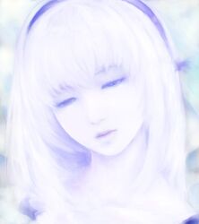  collarbone commentary_request eyebrows_hidden_by_hair female fm77_(artist) hairband half-closed_eyes lips long_hair looking_down lowres nostrils pale_skin portrait purple_theme realistic rozen_maiden solo suigintou white_hair 