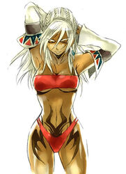  bandeau bikini breasts dark-skinned_female dark_skin detached_sleeves female large_breasts midriff native_american red_bikini shadow_hearts shadow_hearts_from_the_new_world shania solo strapless swimsuit tattoo tng tube_top white_hair 