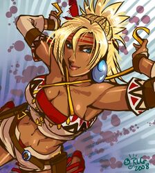  bandeau belt blonde_hair blue_eyes breasts cleavage crop_top dark-skinned_female dark_skin detached_sleeves female large_breasts midriff native_american rebecca_gunter shadow_hearts shadow_hearts_from_the_new_world shania solo 