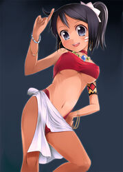  armband armlet bandeau black_hair bracelet breasts choker covered_nipples dark-skinned_female dark_skin earrings facial_mark female hand_on_own_hip hoop_earrings hubrael jewelry large_breasts magatama midriff navel necklace photoshop_(medium) pointing ponytail sarong sekaiju_no_meikyuu sekaiju_no_meikyuu_1 shilleka smile solo strapless underboob white_sarong 