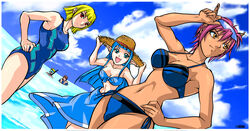  2boys 3girls adjusting_eyewear ash_(phantasy_star_online) bandeau beach bernie_(phantasy_star_online) bikini blue_sarong breasts cleavage cloud competition_swimsuit dark_skin day diving_mask dutch_angle eyewear_on_head front-tie_top goggles hand_on_own_hip hat highres innertube large_breasts medium_breasts multiple_boys multiple_girls nail_polish ocean one-piece_swimsuit outdoors phantasy_star phantasy_star_online pointy_ears ramarl red_nails rupika sarong side-tie_bikini_bottom skirt sky smile snorkel strapless straw_hat sue_(phantasy_star_online) sunglasses swim_ring swimsuit tan thighs tube_top wading water 