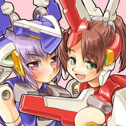  2girls bad_id bad_pixiv_id blush brown_hair busou_shinki dd_(ijigendd) doll_joints espadia green_eyes joints lancamento mecha_musume multiple_girls purple_hair red_eyes short_hair 