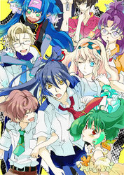  4girls 5boys angry blush brera_sterne commentary_request glasses happy hug klan_klein luca_angeloni macross macross_frontier matsuura_nanase mikhail_buran mishima_leon mooche multiple_boys multiple_girls oosanshouuo-san pointy_ears ranka_lee saotome_alto school_uniform sheryl_nome short_hair smile 