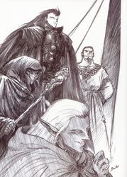  4boys absurdres armor artbook ashram_(lodoss) astar dark_elf elf graphite_(medium) highres izubuchi_yutaka male_focus monochrome multiple_boys pointy_ears purple_theme record_of_lodoss_war scan staff traditional_media wizard 