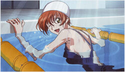  ;d absurdres artist_request ashford_academy_swimsuit back brown_eyes code_geass code_geass:_lost_colors competition_swimsuit female from_behind highres lane_line light_rays looking_back official_art one-piece_swimsuit one_eye_closed open_mouth orange_hair photoshop_(medium) pool refraction ripples scan shirley_fenette smile solo sunbeam sunlight swim_cap swimsuit water wet 