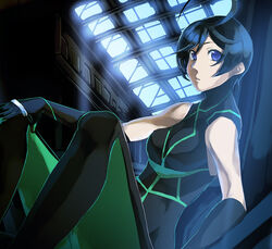  against_wall ahoge bad_id bad_pixiv_id black_hair blassreiter blue_eyes bodysuit elbow_gloves female gloves kgr mei_feng_liu photoshop_(medium) short_hair sitting sleeveless sleeveless_turtleneck solo turtleneck window 