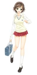  absurdres bag breasts brown_hair female full_body green_eyes hairband happoubi_jin highres honma_natsume imageboard_desourced large_breasts non-web_source open_mouth plaid plaid_skirt school_uniform short_hair skirt socks solo standing tachi-e transparent_background zettai_shougeki 