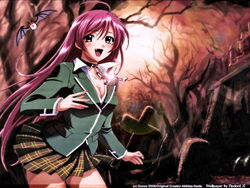  ahoge akashiya_moka bat_(animal) beads blazer blush breasts chains choker cleavage cross female graveyard green_eyes green_shirt jacket long_hair medium_breasts nazo_koumori oerba_yun_fang outdoors pink_hair plaid plaid_skirt rosario+vampire school_uniform shirt skirt solo third-party_edit tree very_long_hair 