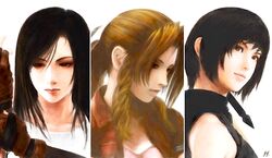  3girls aerith_gainsborough black_hair braid brown_hair commentary_request final_fantasy final_fantasy_vii fm77_(artist) gloves long_hair multiple_girls realistic ribbon short_hair tifa_lockhart yuffie_kisaragi 