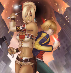  1boy axe belt blonde_hair blue_eyes breasts dark_skin female green_eyes johnny_garland maron_(maroncat1003) medium_breasts native_american shadow_hearts shadow_hearts_from_the_new_world shania short_hair sword weapon 