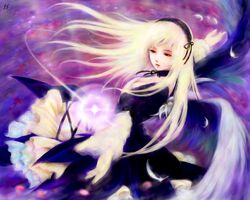  blonde_hair commentary_request dress feathers female fm77_(artist) goth_fashion gothic_lolita lolita_fashion long_hair rozen_maiden solo suigintou wings 