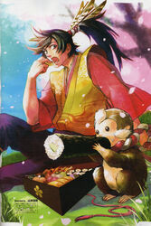  1boy cherry_blossoms eating food hanami highres japanese_clothes maeda_keiji_(sengoku_basara) makizushi male_focus monkey photoshop_(medium) ponytail scan sengoku_basara sushi yamamoto_kana yumekichi 