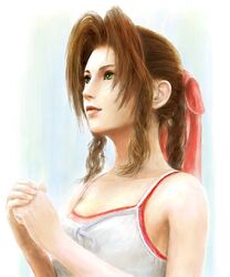  aerith_gainsborough bow braid brown_hair commentary_request crisis_core_final_fantasy_vii female final_fantasy final_fantasy_vii fm77_(artist) green_eyes long_hair pink_bow ribbon solo 