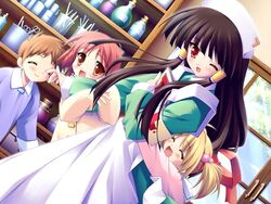  1boy 3girls black_hair blonde_hair book brown_hair closed_eyes game_cg hug komatsu_eiji lolicon majokko_a_la_mode multiple_girls nurse one_eye_closed open_mouth pharmacy red_eyes red_hair rydia_arsenal shelf twintails 