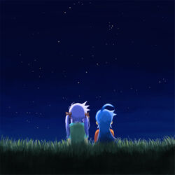  2girls ahoge blue_hair bow commentary_request from_behind grass hairbow hiiragi_kagami izumi_konata kusaka_yoru light_blue_hair light_purple_hair long_hair lucky_star multiple_girls night night_sky outdoors photoshop_(medium) purple_hair sky star_(sky) stargazing starry_sky twintails very_long_hair 