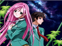  1boy akashiya_moka aono_tsukune artist_request brown_hair female green_eyes green_shirt pink_hair rosario+vampire shirt 