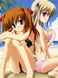  2girls back-to-back barefoot beach bikini blonde_hair blue_eyes braid clarissa_satsuki_maezono cloud day feet hair_ribbon honeycoming_royalsweet imageboard_desourced kamijou_asahi long_hair matsushita_makako multiple_girls non-web_source orange_hair outdoors palm_tree purple_eyes rakko_(makarakko) ribbon sand side-tie_bikini_bottom side_braid sitting sky smile swimsuit tree twintails water 