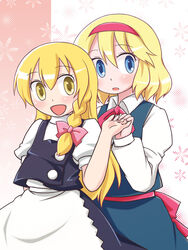  2girls :d alice_margatroid blonde_hair bow bowtie braid capelet hairband hairbow holding kirisame_marisa long_sleeves looking_at_viewer multiple_girls open_mouth photoshop_(medium) red_bow red_bowtie shaomin single_braid smile touhou yellow_eyes 