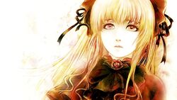  blonde_hair commentary_request dress female fm77_(artist) hat long_hair ribbon rozen_maiden shinku solo 