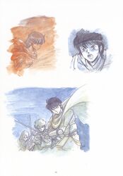  3boys absurdres artbook cape cecil_(record_of_lodoss_war) highres izubuchi_yutaka male_focus multiple_boys orson record_of_lodoss_war scan shiris_(lodoss) staff sword traditional_media weapon wizard 