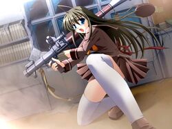  ahoge amafuku_amane arisaka_weber_mary blue_eyes brown_hair female game_cg guren_ni_somaru_gin_no_rozario kayura_yuka long_hair open_mouth rocket_launcher rpg-7 rpg_(weapon) school_uniform solo thighhighs weapon 