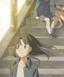  1boy 2girls amasawa_nobuhiko amasawa_yuuko bad_id bad_pixiv_id brown_eyes brown_hair dennou_coil esukee jacket long_hair multiple_girls sitting sitting_on_stairs stairs tears 