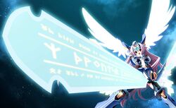  armor female game_cg highres long_hair pink_hair red_eyes runes shirogane_no_soleil shirogane_no_soleil_~successor_of_wyrd~ sol_valkyrie solo star_(symbol) sunrise_stance sword sword_writing tsurugi_hagane very_long_hair weapon wings 