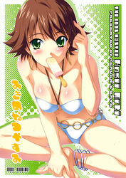  andou_tomoya angel&#039;s_swimsuit_(idolmaster) anklet awakened_miki barefoot bikini brown_hair content_rating cover cover_page doujin_cover earrings feet female food green_eyes halterneck hoop_earrings hoshii_miki idolmaster idolmaster_(classic) idolmaster_1 indian_style jewelry mouth_hold navel o-ring o-ring_top photoshop_(medium) popsicle short_hair sitting solo swimsuit white_bikini 