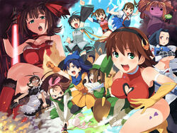  6+girls akizuki_ritsuko alena_(dq4) alena_(dq4)_(cosplay) amami_haruka antenna_hair awakened_miki black_hair black_lagoon blue_eyes blue_hair breasts brown_hair cirno cirno_(cosplay) cleavage_cutout clenched_hands clift clift_(cosplay) clothing_cutout cosplay crossed_legs crossover cute_&amp;_girly_(idolmaster) cutie_honey cutie_honey_(character) cutie_honey_(character)_(cosplay) dark_haruka dragon_quest dragon_quest_iv elbow_gloves energy_sword everyone f91_gundam futami_ami futami_mami glasses gloves green_eyes gun gundam gundam_f91 haruno_shuu hat hatsune_miku heart heart_cutout hoshii_miki idolmaster idolmaster_(classic) idolmaster_1 kisaragi_chihaya large_breasts lightsaber magical_girl maid mecha_musume minase_iori miura_azusa multiple_crossover multiple_girls opaque_glasses pantyhose parody pink_eyes rabbit raised_fist red_eyes roberta_(black_lagoon) roberta_(black_lagoon)_(cosplay) short_hair sitting skirt source_request striped_clothes striped_pantyhose sword takatsuki_yayoi thighhighs touhou twintails underboob vocaloid weapon wonder_momo yayoi_creature 