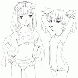  2girls armpits arms_up bikini bow casper_(deathsmiles) cave_(developer) deathsmiles flat_chest greyscale hairbow midriff monochrome multiple_girls one-piece_swimsuit outline school_swimsuit swimsuit twintails windia_(deathsmiles) 