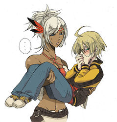  ... 1boy ahoge bad_anatomy bad_arm bad_id bad_pixiv_id bare_shoulders blonde_hair blue_eyes blue_pants blush braid breasts carrying circlet collarbone covered_mouth criss-cross_halter dark_skin detached_sleeves embarrassed feather_hair_ornament feathers female furrowed_brow green_eyes hair_ornament half_updo halterneck hand_on_own_face interracial jacket johnny_garland looking_at_another looking_away medium_breasts multiple_braids native_american own_hands_together pants parted_lips princess_carry profile shadow_hearts shadow_hearts_from_the_new_world shania shoes short_hair simple_background sneakers spoken_ellipsis straight sweatdrop tng white_background white_hair yellow_jacket 