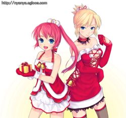  2girls arm_up artist_request bell blonde_hair blue_eyes breasts cecilia_(pangya) christmas cleavage dress gift gloves hair_bun hana_(pangya) holding holding_gift long_hair medium_breasts multiple_girls official_art pangya pink_hair ponytail red_gloves ribbon single_hair_bun socks thighhighs zettai_ryouiki 