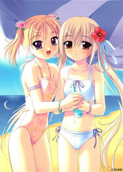  2girls beach bikini blonde_hair bottle day flat_chest flower hair_flower hair_ornament hatsukoi hatsushima_anzu hibiscus highres long_hair multiple_girls nonohara_miki ocean outdoors photoshop_(medium) pink_flower purple_eyes red_eyes red_flower ribbon shiina_yusumi short_hair swimsuit tankini twintails 