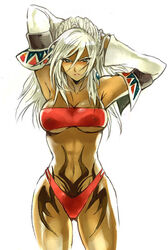  bandeau bikini blue_eyes breasts dark-skinned_female dark_skin detached_sleeves female large_breasts midriff native_american red_bikini shadow_hearts shadow_hearts_from_the_new_world shania solo strapless swimsuit tattoo tng tube_top white_hair 