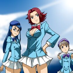  3girls akashi_kaoru akashi_kaoru_(cosplay) b.a.b.e.l._uniform blue_eyes blue_hair breasts cleavage code_geass commentary_request cosplay flipped_hair grey_eyes grey_hair highres kouzuki_kallen large_breasts long_hair minazuki_karen multiple_girls nogami_aoi nogami_aoi_(cosplay) panties pantyshot parody precure red_hair sannomiya_shiho sannomiya_shiho_(cosplay) school_uniform short_hair sky_girls small_breasts sonomiya_karen standing takaya_n the_children underwear white_panties yes!_precure_5 zettai_karen_children 