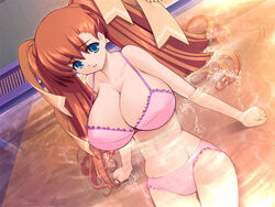  bikini blue_eyes breasts cleavage female game_cg gunner-l huge_breasts kajiki_yuuki long_hair pink_bikini red_hair solo swimsuit tsuri_baka twintails water 