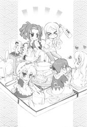  1boy 4girls alcohol ayase_ruko ayase_yuuto chibi food glasses greyscale highres imageboard_desourced kamishiro_yukari_(nogizaka_haruka) maid monochrome multiple_girls nogizaka_haruka nogizaka_haruka_no_himitsu non-web_source party sakurazaka_hazuki shaa sukiyaki table television wine 