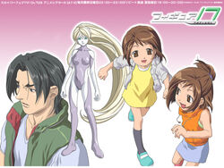  1boy 3girls :d black_hair blonde_hair blush bodysuit brown_eyes brown_hair dd domoto_daisuke dress figure_17 green_eyes green_vest holding_hands long_hair looking_away looking_back multiple_girls open_mouth ponytail running shiina_hikaru shiina_tsubasa short_hair smile sweater_vest vest yellow_dress 