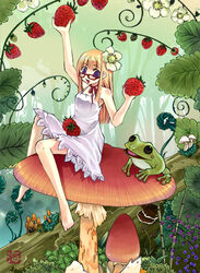  barefoot blonde_hair choker clover copyright_request dress female flower food four-leaf_clover frog fruit glasses hair_flower hair_ornament harvest kaisanbutsu long_hair mini_person minigirl mushroom nature on_mushroom picking_fruit purple_eyes red-framed_eyewear ribbon_choker sitting sitting_on_mushroom sleeveless sleeveless_dress solo strawberry strawberry_blossoms white_dress 