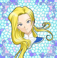  blonde_hair blue_eyes commentary_request earrings felniam female glycine_bleumer jewelry long_hair mosaic_background sakura_taisen sakura_taisen_iii solo 