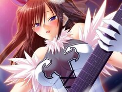  blue_eyes blush breasts brown_hair chu_x_chu_idol female from_below game_cg gloves guitar impossible_clothes impossible_shirt instrument large_breasts long_hair looking_down nakauchi_chiyu ozawa_akifumi see-through shirt solo tears 