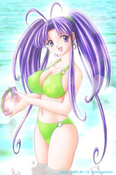  antenna_hair bikini breasts cleavage female hoop large_breasts long_hair mamotte_shugogetten! purple_eyes purple_hair shugogetten_shaolin solo swimsuit tappi twintails water 