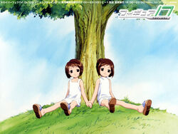  2girls brown_eyes brown_hair dress figure_17 grass holding_hands multiple_girls sandals shiina_hikaru shiina_tsubasa short_hair shorts sitting sundress tree turtleneck 