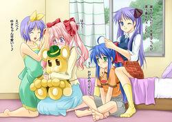  4girls adjusting_hair alternate_hairstyle bad_id bad_pixiv_id barefoot blue_hair bonta-kun fujimori_mikan full_metal_panic full_metal_panic?_fumoffu glasses hair_ribbon hiiragi_kagami hiiragi_tsukasa izumi_konata long_hair lucky_star mole mole_under_eye multiple_girls pink_hair purple_hair ribbon stuffed_animal stuffed_toy takara_miyuki teddy_bear translated twintails 