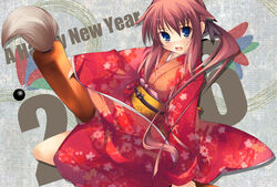  2006 blue_eyes bow calligraphy_brush copyright_request female giant_brush hair_ribbon japanese_clothes kimono long_hair new_year oerba_yun_fang paintbrush photoshop_(medium) red_hair red_kimono ribbon shimakaze_(soundz_of_bell) solo 