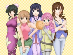  5girls bad_id bad_pixiv_id bodysuit breasts bun_cover china_dress chinese_clothes christina_sierra cleavage dress feldt_grace gundam gundam_00 halterneck haro kifuyu large_breasts marina_ismail medium_breasts multiple_girls navel sumeragi_lee_noriega thighhighs turtleneck wang_liu_mei yellow_bodysuit zettai_ryouiki 